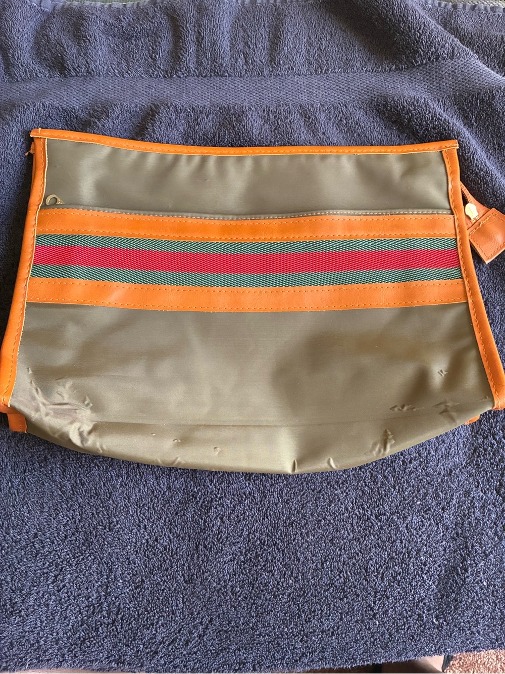 Olive and Orange Toiletry Pouch with Red-Green Accent